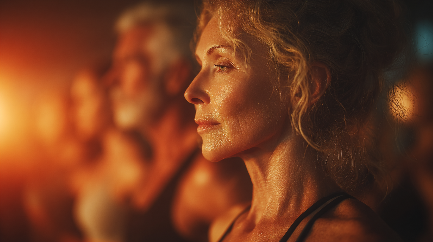 Senior practică yoga folosind aplicația FlowSource